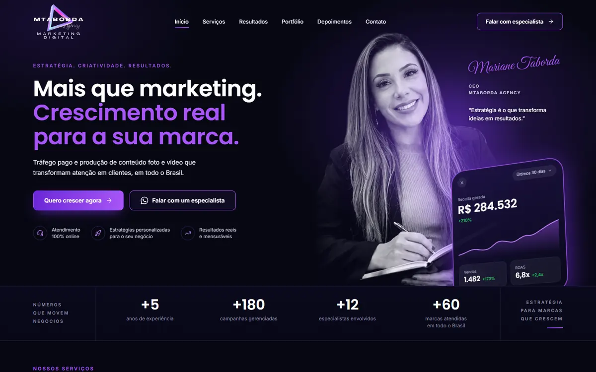 Página inicial do site da MTABORDA Agency no computador, com o título Mais que marketing